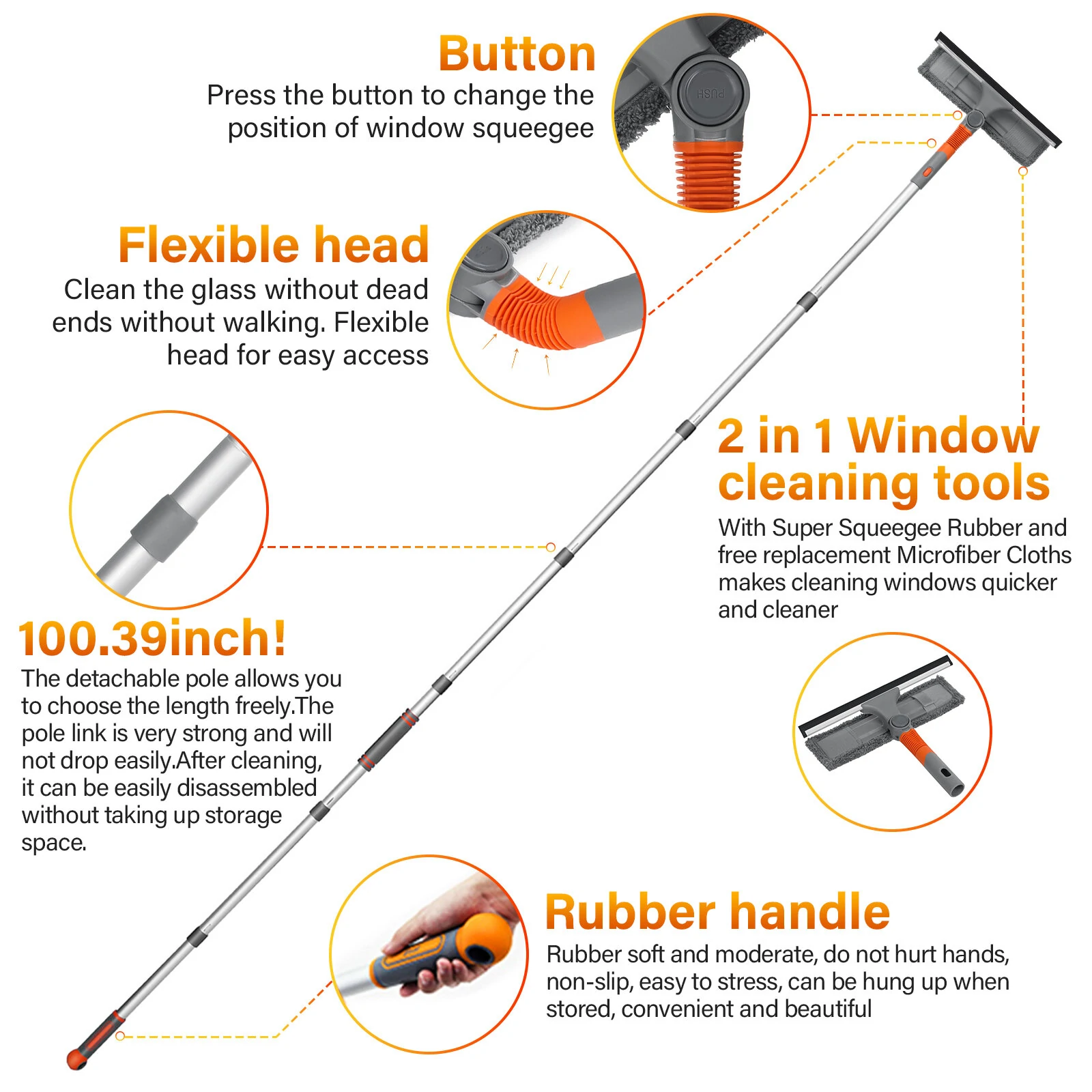 (image for) Professional Window Squeegee Cleaner, 2 in 1 Shower Squeegee with Extension Pole, 103 IN Telescopic Window Washing Equipment with Bendable Head, Glass Cleaning Tools for Indoor/Outdoor High W