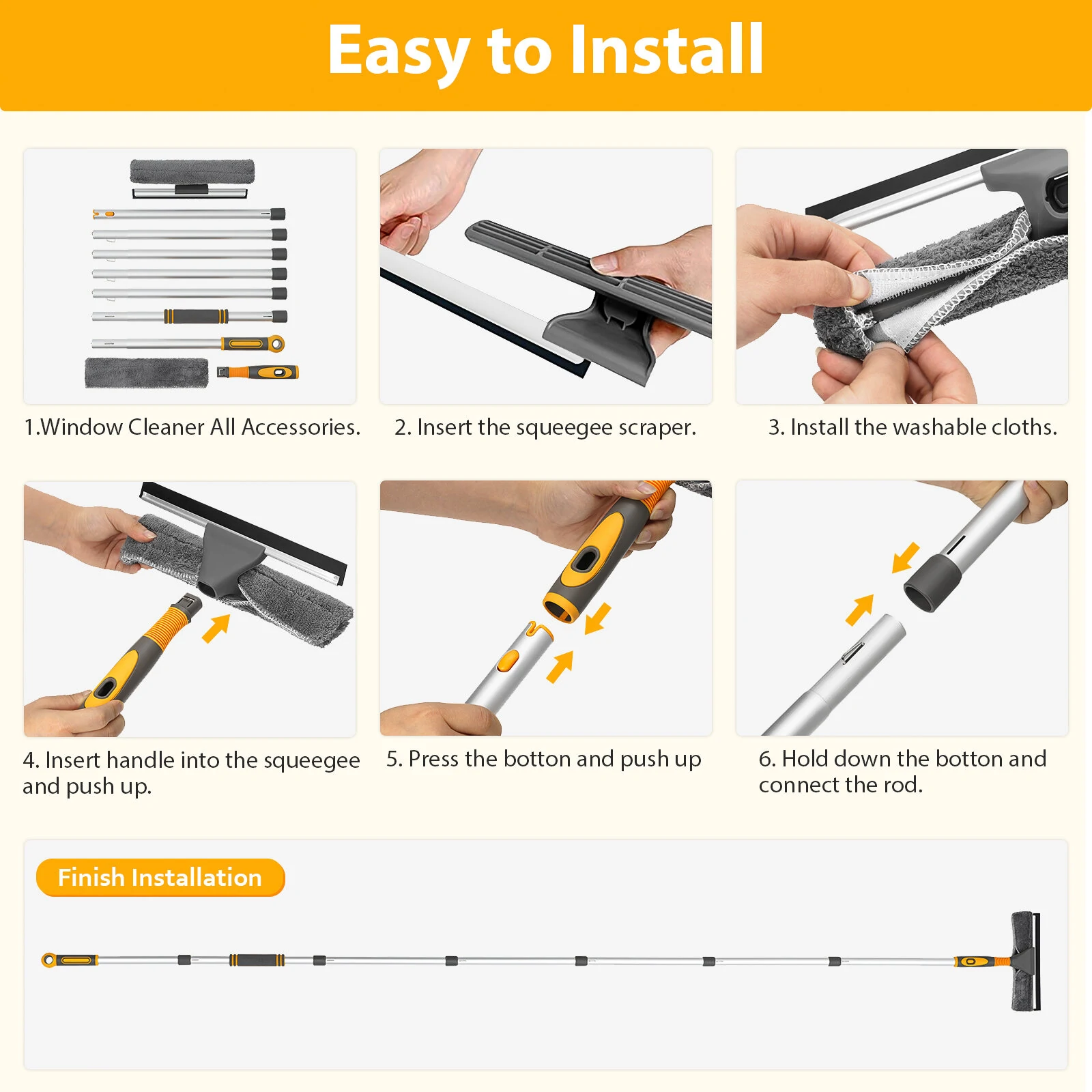 (image for) Professional Window Squeegee Cleaner, 2 in 1 Shower Squeegee with Extension Pole, 103 IN Telescopic Window Washing Equipment with Bendable Head, Glass Cleaning Tools for Indoor/Outdoor High W